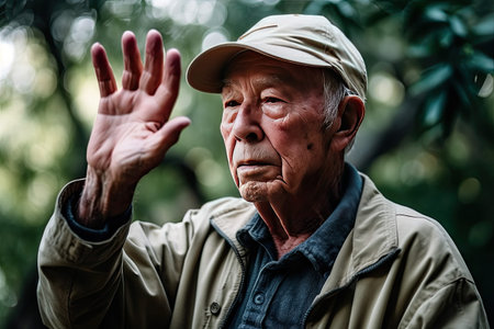 an old man wearing a hat and holding his hand up in the air with both hands as if he is not happy. Generative Aiの素材