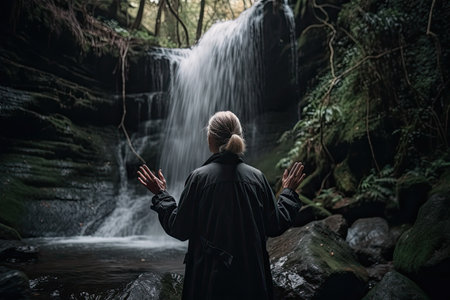 a man standing in front of a waterfall, with his hands out to the side as if he is praying. Generative Aiの素材