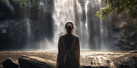 a woman standing in front of a waterfall with her back to the camera and looking up into the water below. Generative Aiの素材