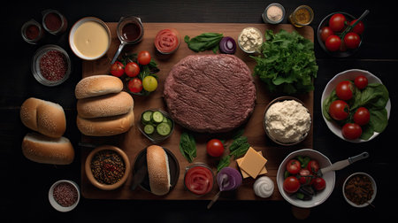 some food that is on a wooden cutting board, including meat, cheese, tomatoes, and other foods in bowls. Generative Aiの素材
