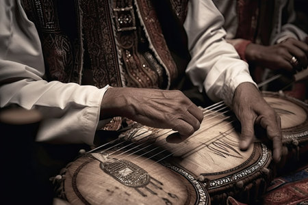 an indian man playing the sitar on his musical instrument, taken in black and white with focus to the strings. Generative Aiの素材