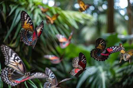 many colorful butterflies flying in the air with green leaves and trees in the background, as if they are looking for something. Generative Aiの素材