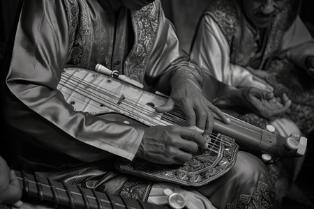 a man playing an instrument in black and white with his hands resting on the guitars neck, while others sit behind him. Generative Aiの素材
