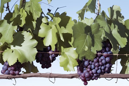 some grapes hanging from a vinevined on a branch with blue sky and white clouds in the background photo. Generative Aiの素材