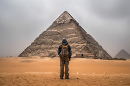 a man standing in front of the great pyramid at gitthaa, gited by an egyptian photographer. Generative Aiの素材