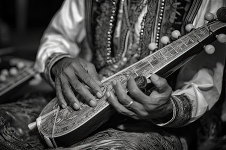 an indian man playing the sitar guitar in black and white, with his hands resting on top of neck. Generative Aiの素材