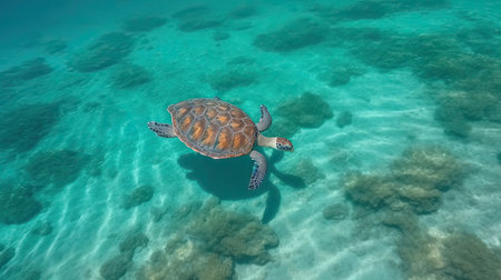 a sea turtle swimming in the clear blue waters of the great barrier, grand cayman island, british virgin islands. Generative Aiの素材