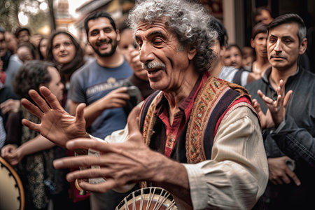 an old man with his hands in the air while people are clapping around him and playing drums on the street. Generative Aiの素材