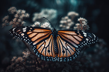 a monarch butterfly sitting on top of some white flowers in the background is a dark blue sky and green foliage. Generative Aiの素材