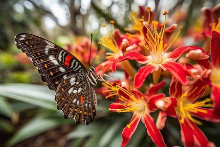 a butterfly that is on top of a red and yellow flower with green leaves in the background, taken from above. Generative Aiの素材