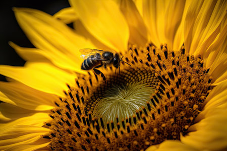 a bee on top of a sunflower, taken from the bottom down to the center of the image is black and yellow. Generative Aiの素材