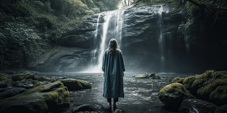 a woman standing in front of a waterfall, with her back to the camera she is wearing a blue robe. Generative Aiの素材