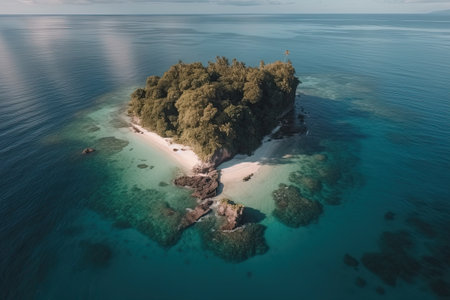 a small island in the middle of the ocean, surrounded by trees and coral reefs it is clear blue water. Generative Aiの素材