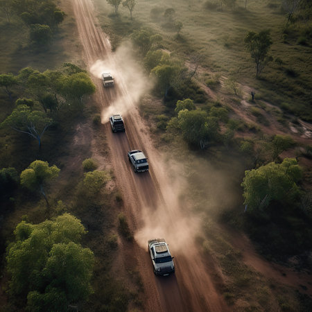 two cars driving down a dirt road in the middle of an open area with trees and bushes on both sides. Generative Aiの素材