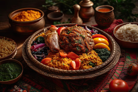 some food that is in a bowl on a table with other bowls and spoons around it, including rice, beans, tomatoes. Generative Aiの素材