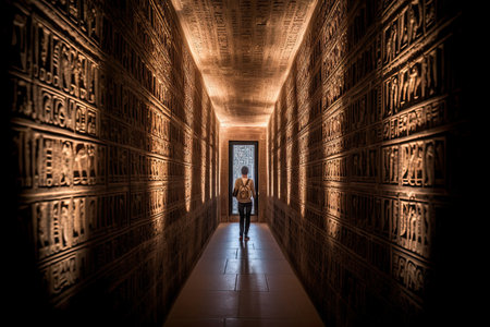 a person walking down a long hallway in an ancient building with intricate carvings on the walls and flooring it. Generative Aiの素材