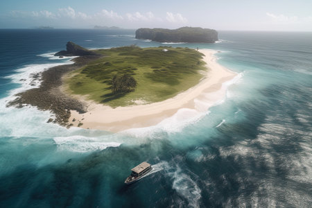 an island in the middle of the ocean, with a boat on its side and two small islands off to the right. Generative Aiの素材
