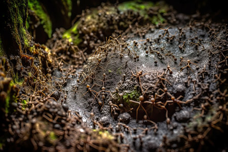 ants crawling in the middle of a hole, with green leaves and brown bark on the ground behind them they are looking for food. Generative Aiの素材