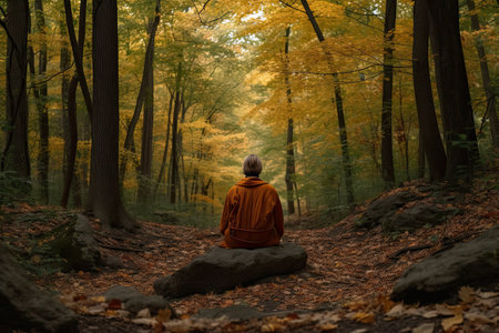a person sitting on a rock in the middle of a forest filled with yellow and orange leaves, surrounded by trees. Generative Aiの素材