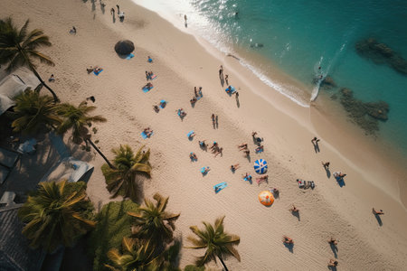 people on the beach with umbrellas and sunbaters in the ocean is clear blue water, surrounded by palm trees. Generative Aiの素材