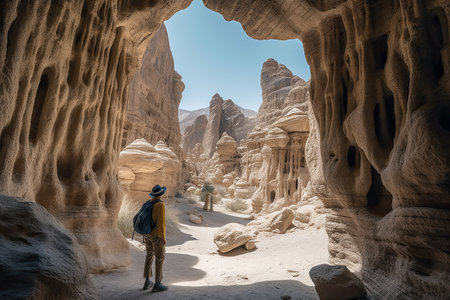 a person standing in the middle of a narrow, rocky canyon filled with rock formations and large rocks on either side. Generative Aiの素材