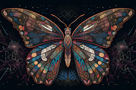 a butterfly with colorful patterns on its wings and wings are all over the top half of its body. Generative Aiの素材