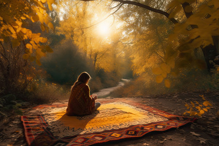 a person sitting on a blanket in the middle of a forest with yellow leaves and sun shining through the trees. Generative Aiの素材