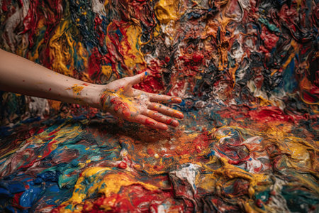a persons hand on a piece of art that is covered in multi - colored paint and brush strokes. Generative Aiの素材