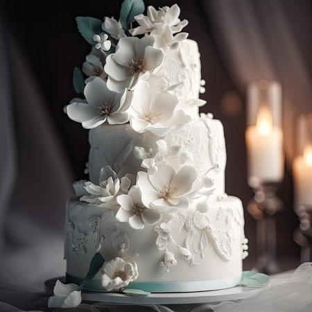 a white wedding cake with flowers on top and candles in the background, taken from above to show how it is madeの素材
