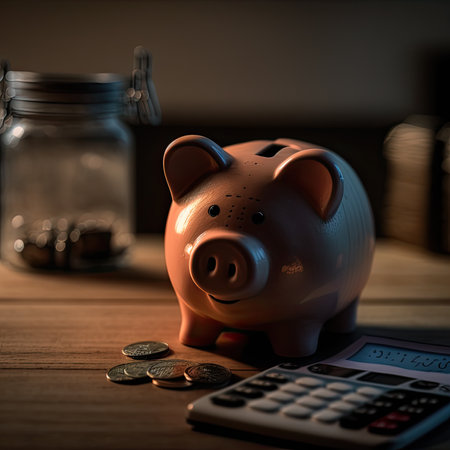 a pig that is sitting next to a calculaer and a glass jar with coins on the table behind itの素材