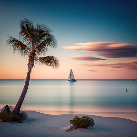 a palm tree on the beach with a sailboat in the ocean and a boat out to sea at sunsetの素材