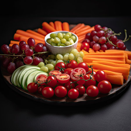fruit and vegetables on a plate with grapes, tomatoes, carrots, cucumons, cee, and other fruitsの素材