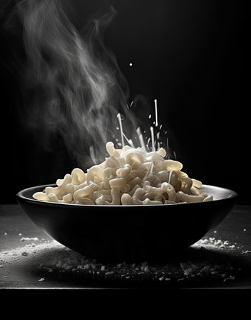 pasta in a black bowl with smoke coming out from the top, on a wooden table against a black backgroundの素材