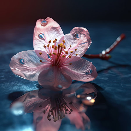 a pink flower with water droplets on its surface and the reflection in the water is reflecting its imageの素材