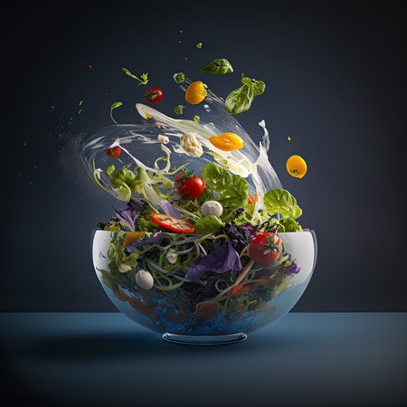 a salad in a bowl with water splashing from the top to the bottom, on a dark blue backgroundの素材