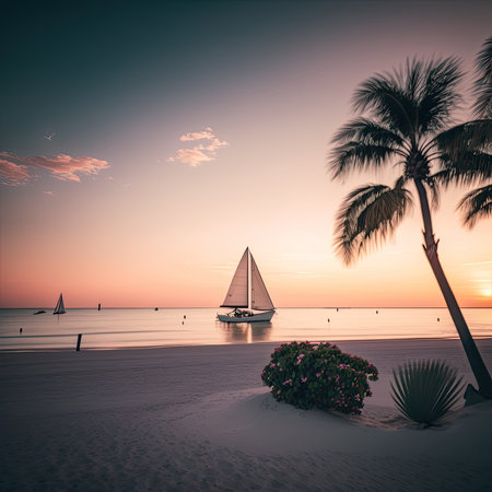 a boat on the beach with palm trees in the foreground and people walking along the shore at sunset timeの素材