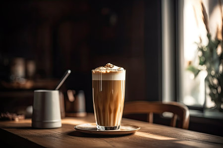 a cup of coffee on a wooden table in front of a window, with the sun shining through the glassの素材