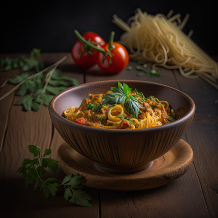 some pasta in a bowl on a wooden table with tomatoes, parise and fresh green sprig around the bowlの素材