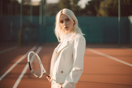 a woman holding a tennis racket and posing for the camera on a tennis court with trees in the backgroundの素材