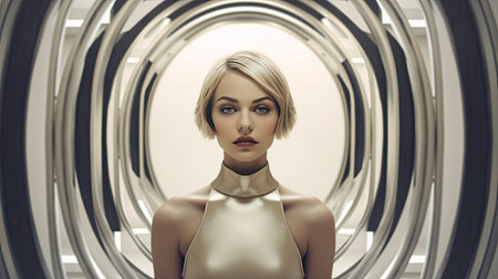 a woman with blonde hair and blue eyes, looking into the camera while standing in front of an abstract tunnelの素材