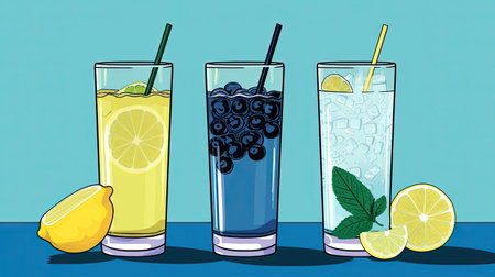 three different types of lemon, lime and blueberry cocktails on a blue background with text that reads how to make your ownの素材