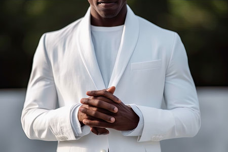 a man in a white suit with his hands clasped over his chest and looking at the camera he is smilingの素材