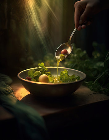 someone holding a spoon over a bowl of salad with tomatoes and let it into the light coming through the lensの素材