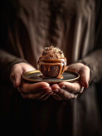 a person holding a plate with a chocolate covered dessert in the middle of their hands, on a dark backgroundの素材