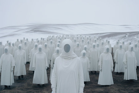 some people standing in the middle of a field with mountains in the photo is blured by the light from the sunの素材