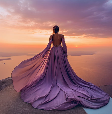 a woman in a long purple dress looking out over the ocean at sunset with her back turned to the cameraの素材