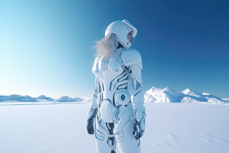 a woman dressed as an astronaut standing in the snow with her hands on her hips and looking into the distanceの素材