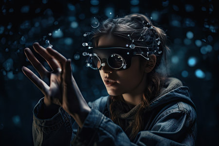 a young woman wearing 3d glasses and holding her hand up to the camera lens in front of her, with blue boの素材