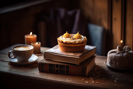 a pumpkin pie on top of a stack of books with a cup of coffee in the background is a candleの素材