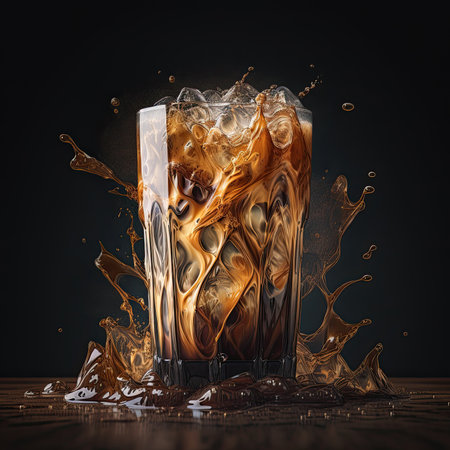 an iced drink with liquid splashing around it on a wooden table against a black background photo is in the top right hand cornerの素材
